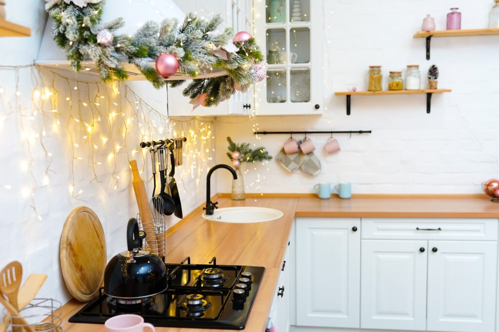 Christmas modern kitchen design. kitchen utensils and furniture
